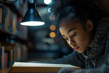 A young woman, her face illuminated by the warm glow of a lamp, sits in front of a bookcase, fully immersed in the pages of a book - obrazy, fototapety, plakaty