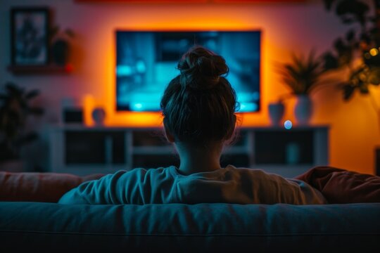 A young woman lounges on a cozy couch in her indoor living room, fixated on the vibrant screen of her television as a young boy plays nearby, surrounded by the warm hues of the room's walls