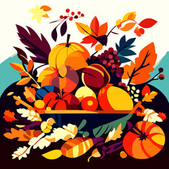 Autumn harvest, pumpkins, berries and leaves, vector illustration Generative AI