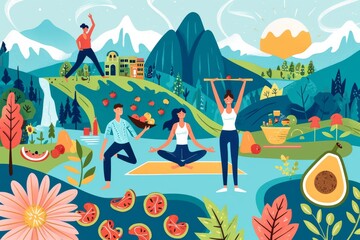 A colorful cartoon painting of a group of people practicing yoga amidst a field of vibrant flowers, captured in a child-like illustration style