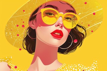 A fashionable woman stands out in a vibrant yellow hat and sunglasses, her painted face adorned with bold lipstick, bringing an artistic touch to the cartoon illustration