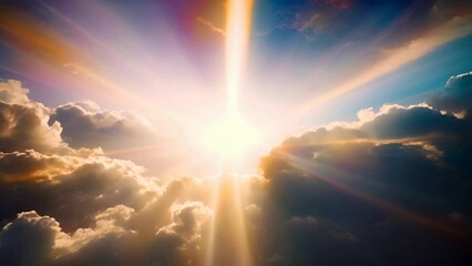 Heavenly rays of light in the clouds. Dreamy inspiring hope concept. Sun rays from heaven. Blessed light.