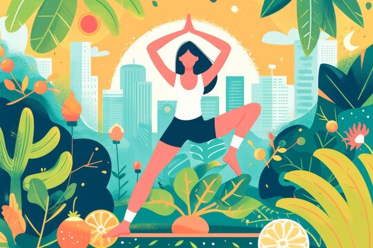 Through a vibrant display of painting and drawing, an illustrated woman finds peace and connection to nature as she practices yoga among blooming flowers in the park