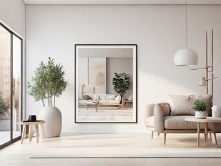 In this hyper-realistic scene,vertical blank and empty wall frame showcased in living room generative ai