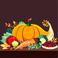 Thanksgiving day vector illustration with pumpkins, apples, carrots and berries generative AI