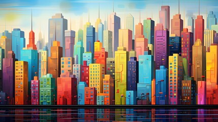 Jazzy, lively, colorful water color painting of a downtown city full of tall buildings and skyscrapers. - obrazy, fototapety, plakaty