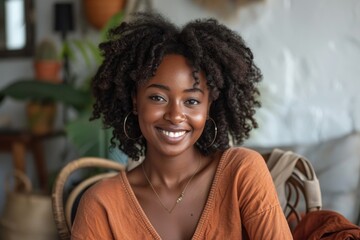 A young African American woman sits on her chair. Generative Ai.
