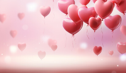 There are many pink balloons floating in the air with hearts. Generative AI