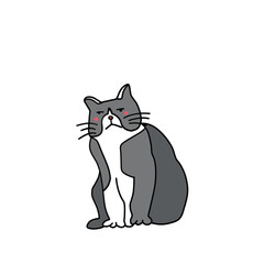 Hand drawn sitting grey cat on a white background