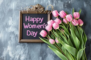 Happy Women's Day Written on a Blackboard with Pink Tulips.
