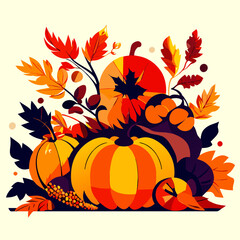 Obraz na płótnie Canvas Autumn background with pumpkins, leaves and berries. Vector illustration. AI generated