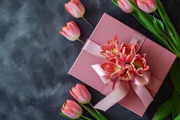 Top-View Snapshot of a Chic Pink Gift Box with a Ribbon. Women Day