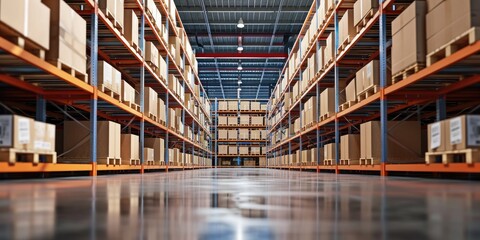 Shelves of huge warehouse with cardboard boxes - obrazy, fototapety, plakaty