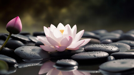 Relaxing zen like background with pebbles and lotus flowers