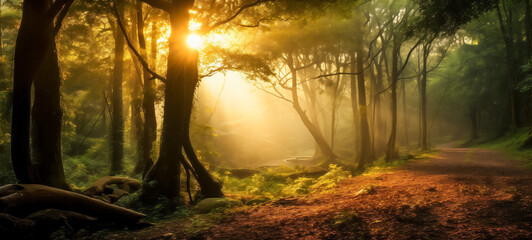 Obraz premium Sunburst through the verdant forest canopy on a misty trail
