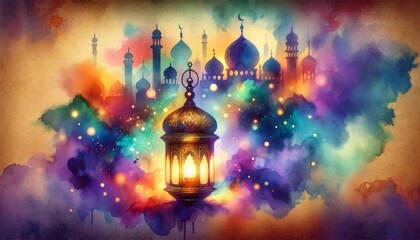 colorful watercolor ramadan lantern with mosque silhouette in the background