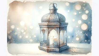 Ornate Ramadan Lantern in Snowy Watercolor Scene