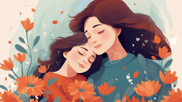Happy Mothers Day Greeting Design with Mom.a mom hug her daughter. seamless looping overlay 4k virtual video animation background 