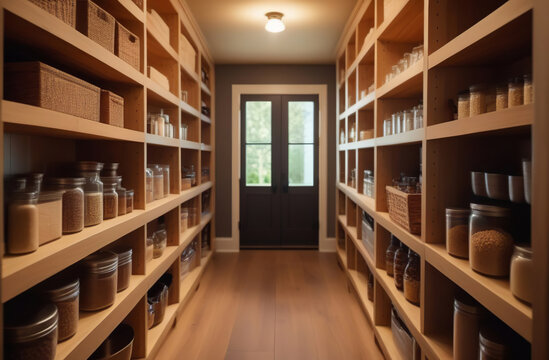 Storage organization at cupboard. Groceries in glass jars arranged on wall shelves. Organizing the kitchen pantry for foodstuff. Home design. Preserved foods, healthy eating, legumes, bulk items.
