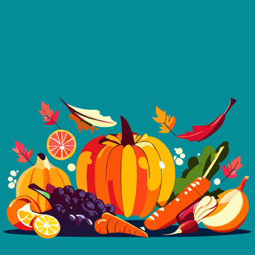 Autumn harvest of vegetables and fruits. Vector illustration in flat style. AI generated