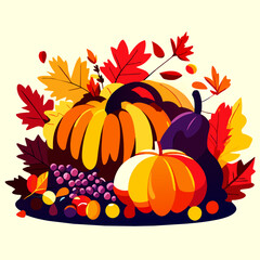 Naklejka premium Autumn composition of pumpkins, leaves and berries. Vector illustration AI generated