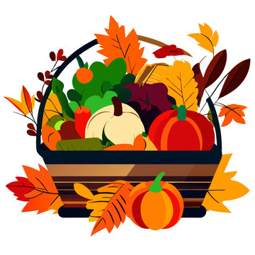 Thanksgiving basket with pumpkins and autumn leaves. Vector illustration. Generative AI