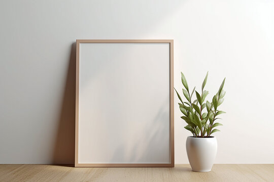 blank picture frame on wooden shelf with potted plant in front of it
