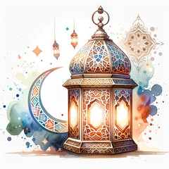 Ramadan Vintage Lantern with Crescent Moon in Watercolor