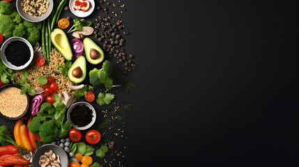 Wonderful different products on black table,,
Healthy food concept. Fresh vegetables, fruits and legumes on black background - obrazy, fototapety, plakaty
