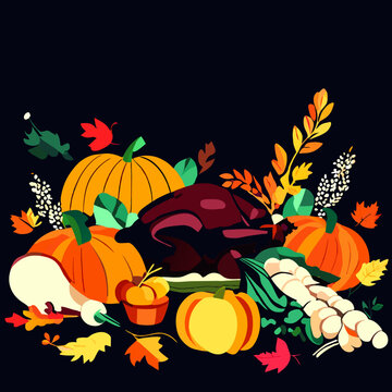 Thanksgiving day background with roasted turkey, pumpkins and autumn leaves AI Generated