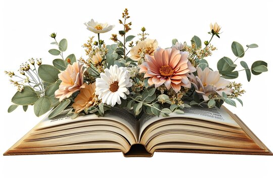 Spring flowers open books illustration on white background