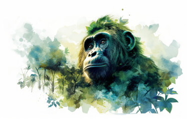 Gorilla in the jungle. Watercolor painting on white background.