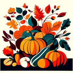 Autumn composition with pumpkins and autumn leaves. Vector illustration. AI generated
