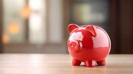 Light Red Piggy Bank on a wooden Table. Blurred Interior Background