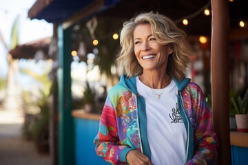 Portrait of a cheerful woman in her 50s wearing a zip-up fleece hoodie against a tropical beach bar...