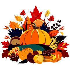 Obraz na płótnie Canvas Thanksgiving background with pumpkins, autumn leaves and berries. Vector illustration. AI generated