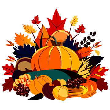 Thanksgiving background with pumpkins, autumn leaves and berries. Vector illustration. AI generated