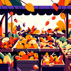 Autumn market with fruits and vegetables. Vector illustration in flat style AI generated