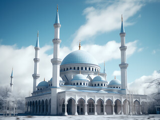 Fototapeta na wymiar Beautiful frontal view of a light blue and white mosque in a snowy environment, set against a backdrop of clouds and blue sky. Created with Generative AI.