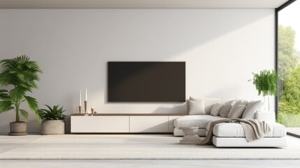 White sofa and big tv unit in spacious room. Luxury home interior design of modern living room