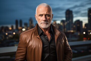 Fototapeta premium Portrait of a blissful man in his 60s sporting a stylish leather blazer against a modern cityscape background. AI Generation