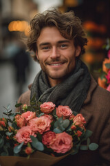 Handsome man with a bouquet of roses for valentine
