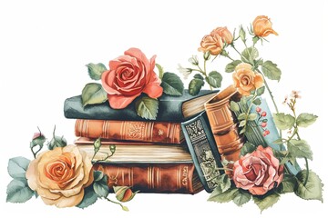 Watercolor rose flowers stack books illustration on white background - obrazy, fototapety, plakaty