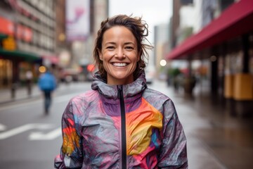 Fototapeta premium Portrait of a joyful woman in her 30s wearing a functional windbreaker against a vibrant market street background. AI Generation