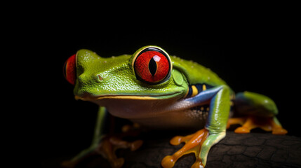 Fototapeta premium Close up photo of red-eyed leaf frog on black background 1