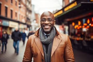 Portrait of a happy afro-american man in his 40s sporting a stylish leather blazer against a vibrant market street background. AI Generation - obrazy, fototapety, plakaty
