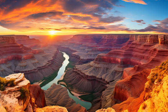 A stunning panoramic view of the Grand Canyon at sunset displaying vibrant colors and dramatic landscapes. A masterpiece of nature. AI generative.