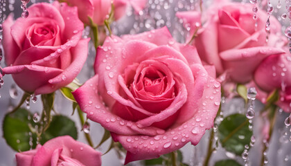 Beautiful pink roses with water drops