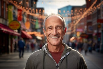 Fototapeta na wymiar Portrait of a smiling man in his 60s sporting a breathable mesh jersey against a vibrant market street background. AI Generation