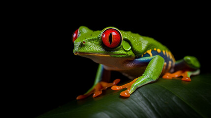 Close up photo of red-eyed leaf frog on black background